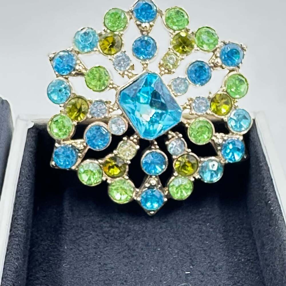 Liz Claiborne Gold Tone Blue Green Rhinestone Brooch